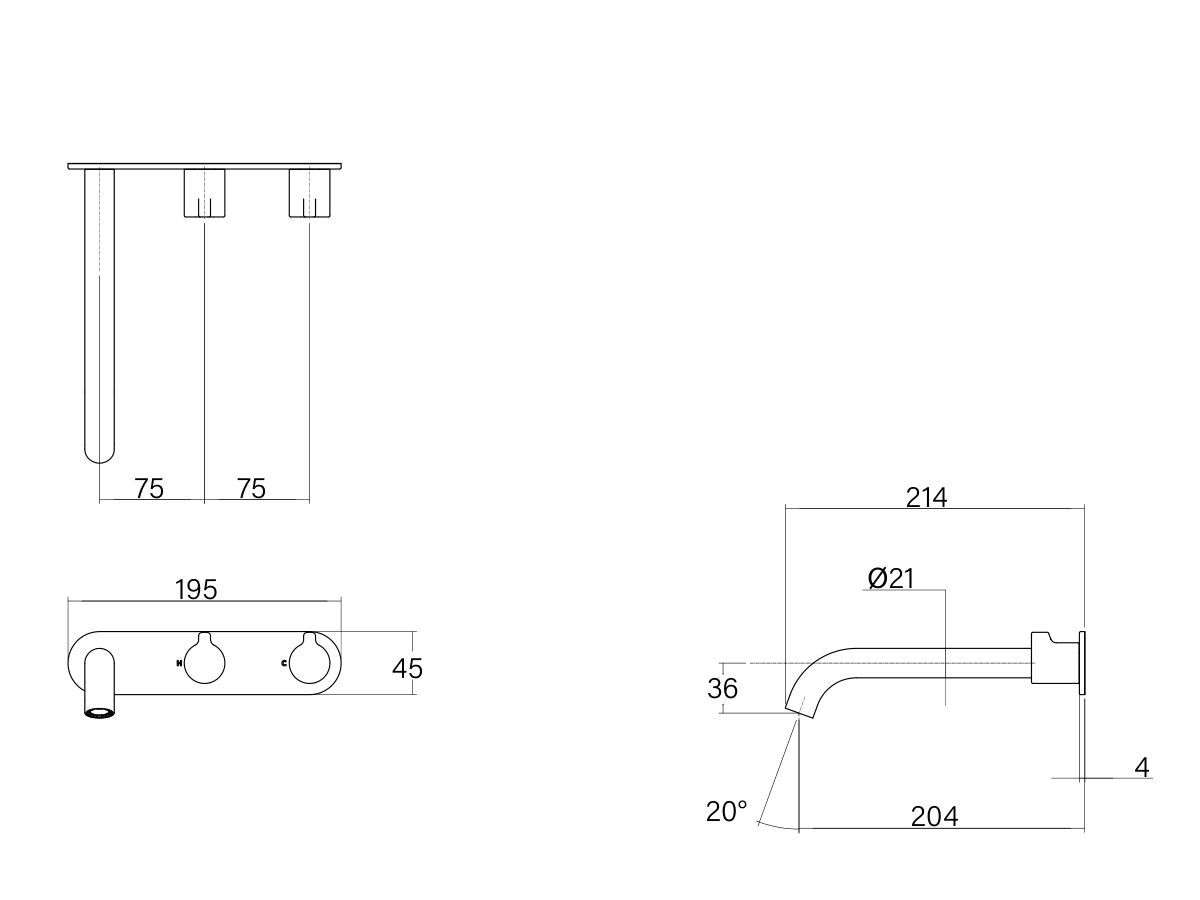Technical Drawing - Faucet Strommen Vara Fin Wall Basin / Bath Hostess Tap System Right Hand 200mm (6 Star) Lead Free