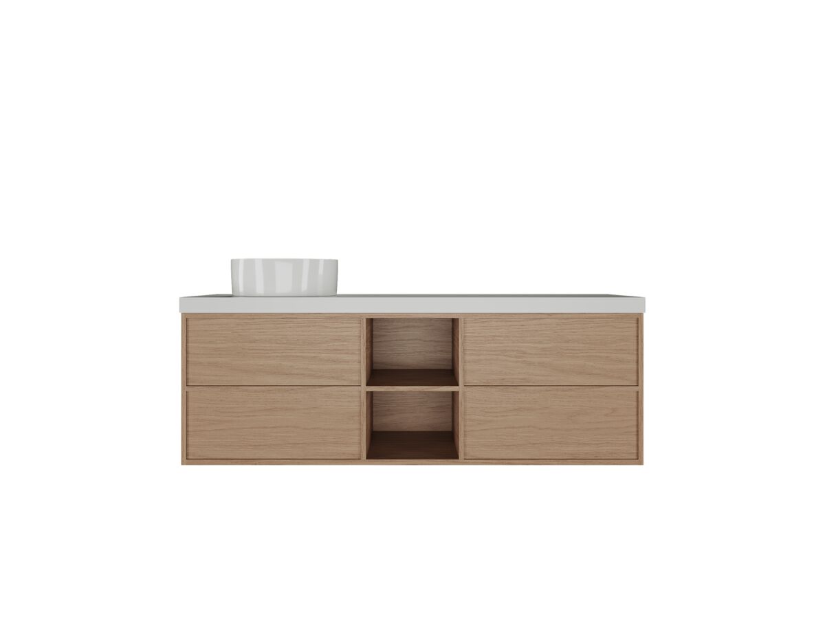 Hero - Kado Aspect Shelf Vanity Unit 1800mm Single Bowl 4 Drawer Caesarstone Mineral 50mm Top - Boston Oak