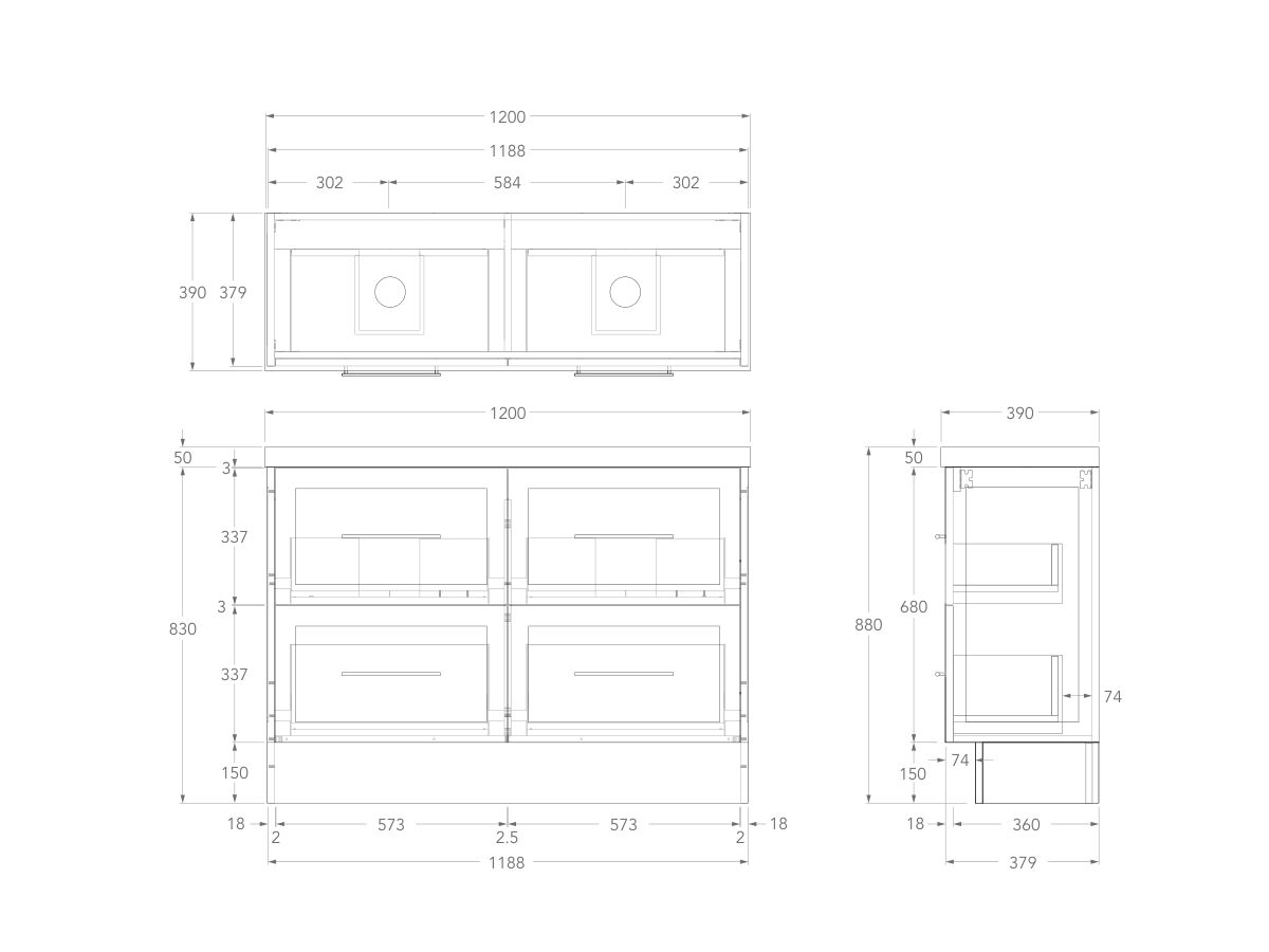 Technical Drawing - Kado Lux Ensuite All Drawer Twin 1200mm Floor Mount Double Basin 50mm Top