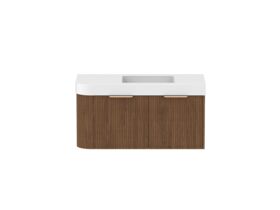 Supporting Image - Kado Neue Fluted Single Curve All Drawer 1050mm Wall Hung Vanity with Centre Basin Durasein 90mm Top Florentine Walnut