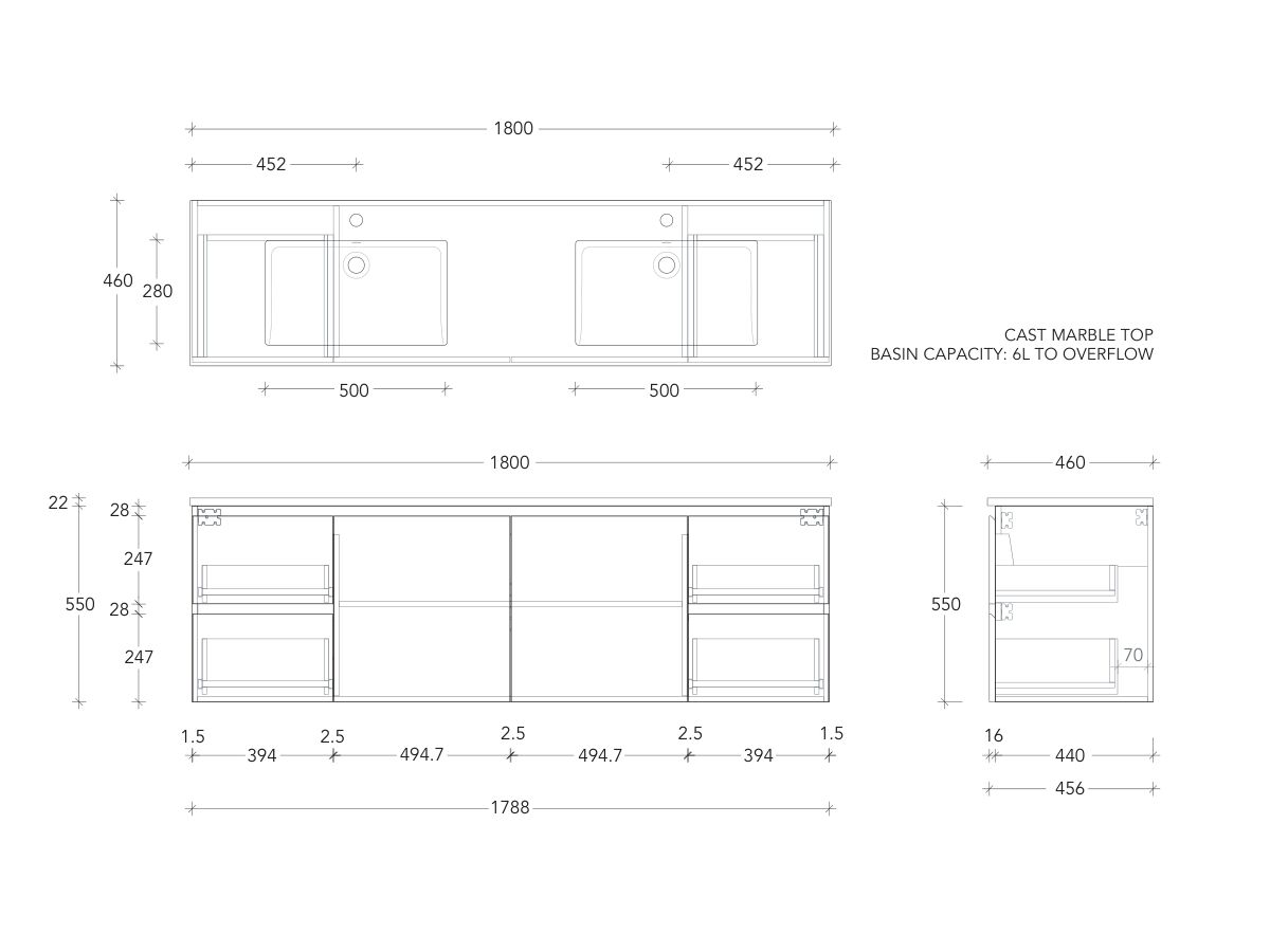 Posh Domaine Conventional 1800mm Double Bowl Wall Hung Vanity Cast Marble Top