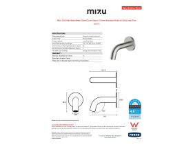Specification Sheet - Mizu Drift Wall Basin/Bath Outlet Curve Spout 110mm Brushed Nickel (6 Star) Lead Free