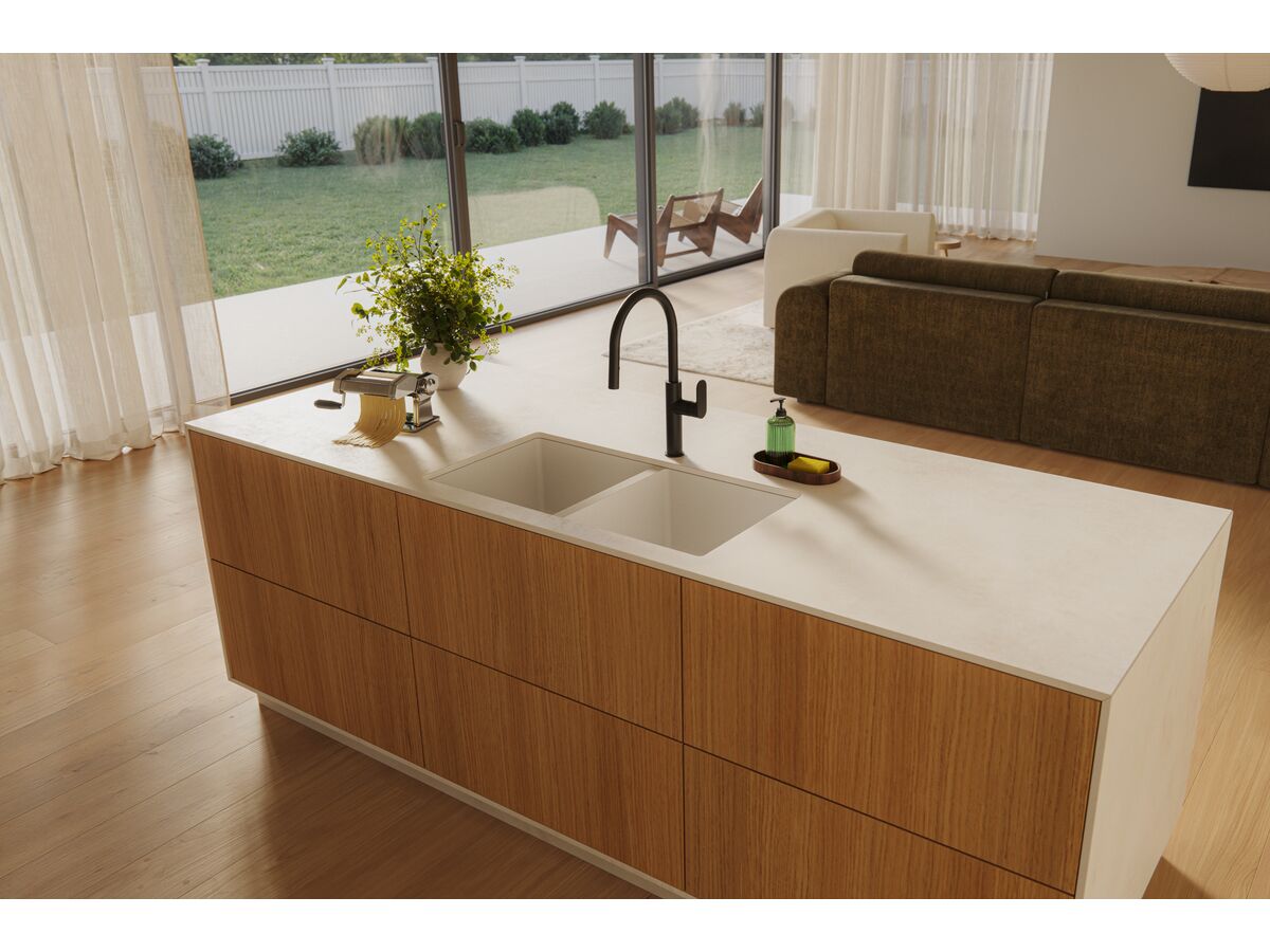 In Situ - Memo Freya Double Bowl Sink No Taphole Granite White and Mizu Soothe MK2 Gooseneck Pull Out Sink Mixer Curved Matte Black (5 Star) Lead Free