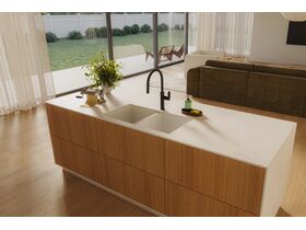 In Situ - Memo Freya Double Bowl Sink No Taphole Granite White and Mizu Soothe MK2 Gooseneck Pull Out Sink Mixer Curved Matte Black (5 Star) Lead Free
