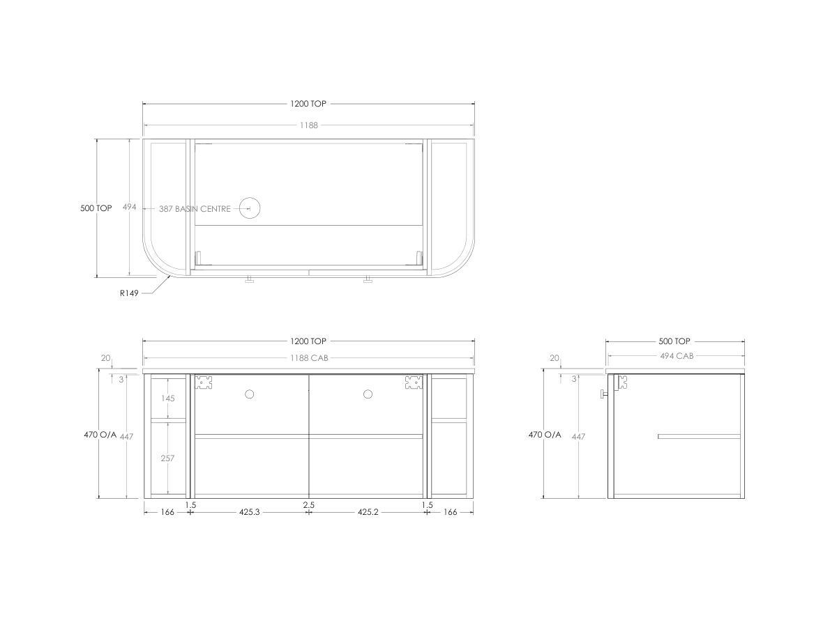 Technical Drawing - Kado Era Double Curve All Door 1200mm Wall Hung Vanity with Left Hand Basin 20mm Top