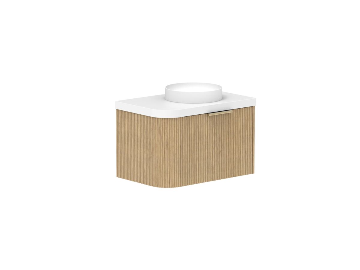 Supporting Image 2- Kado Neue Fluted Single Curve All Drawer 750mm Wall Hung Vanity with Centre Basin Durasein 50mm Top Boston Oak