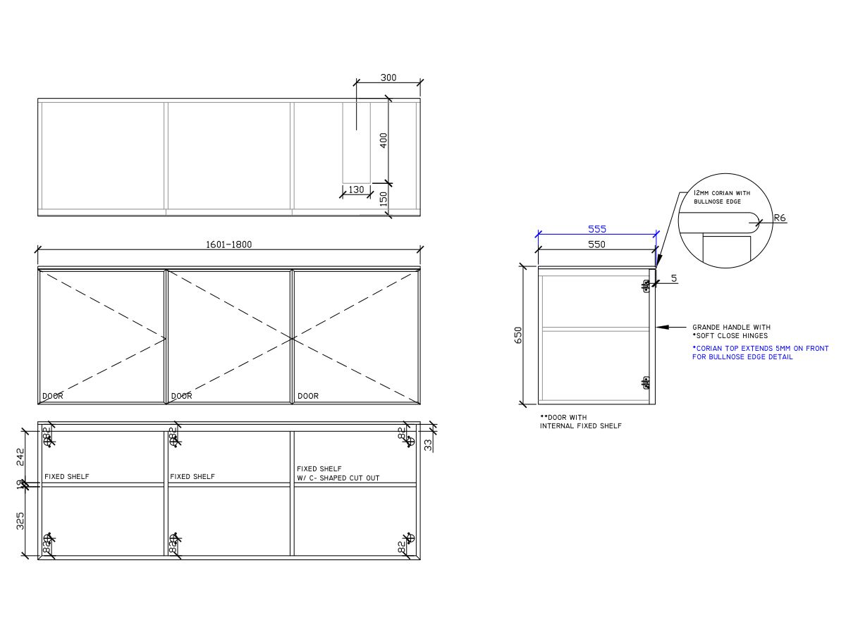 ISSY Adorn Undermount Wall Hung Vanity Unit with Three Doors & Internal Shelf with Grande Handle 1601-1800mm x 550mm x 650mm OFFSET RIGHT (CENTRE LEFT)
