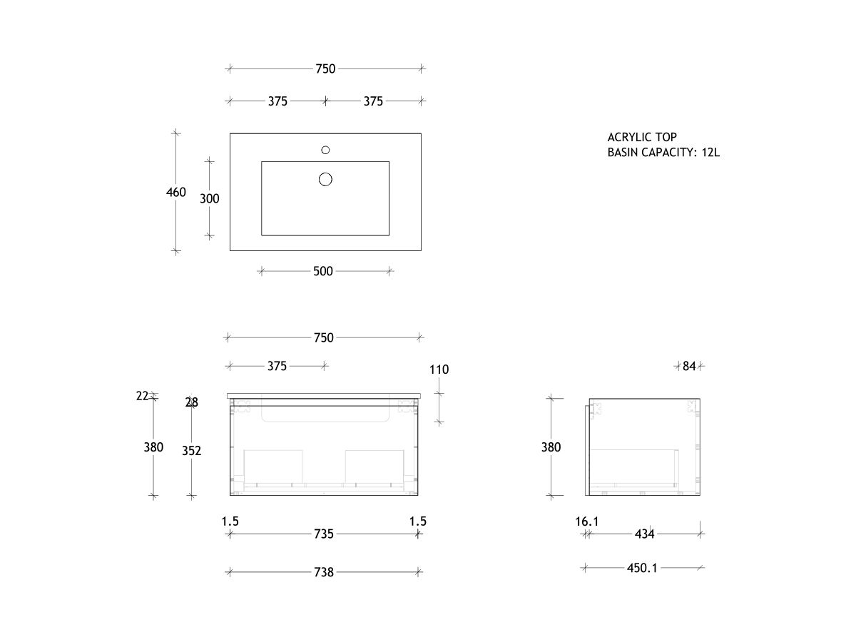 Posh Domaine Plus 750mm Wall Hung Vanity Unit All-Drawer Centre Basin ...