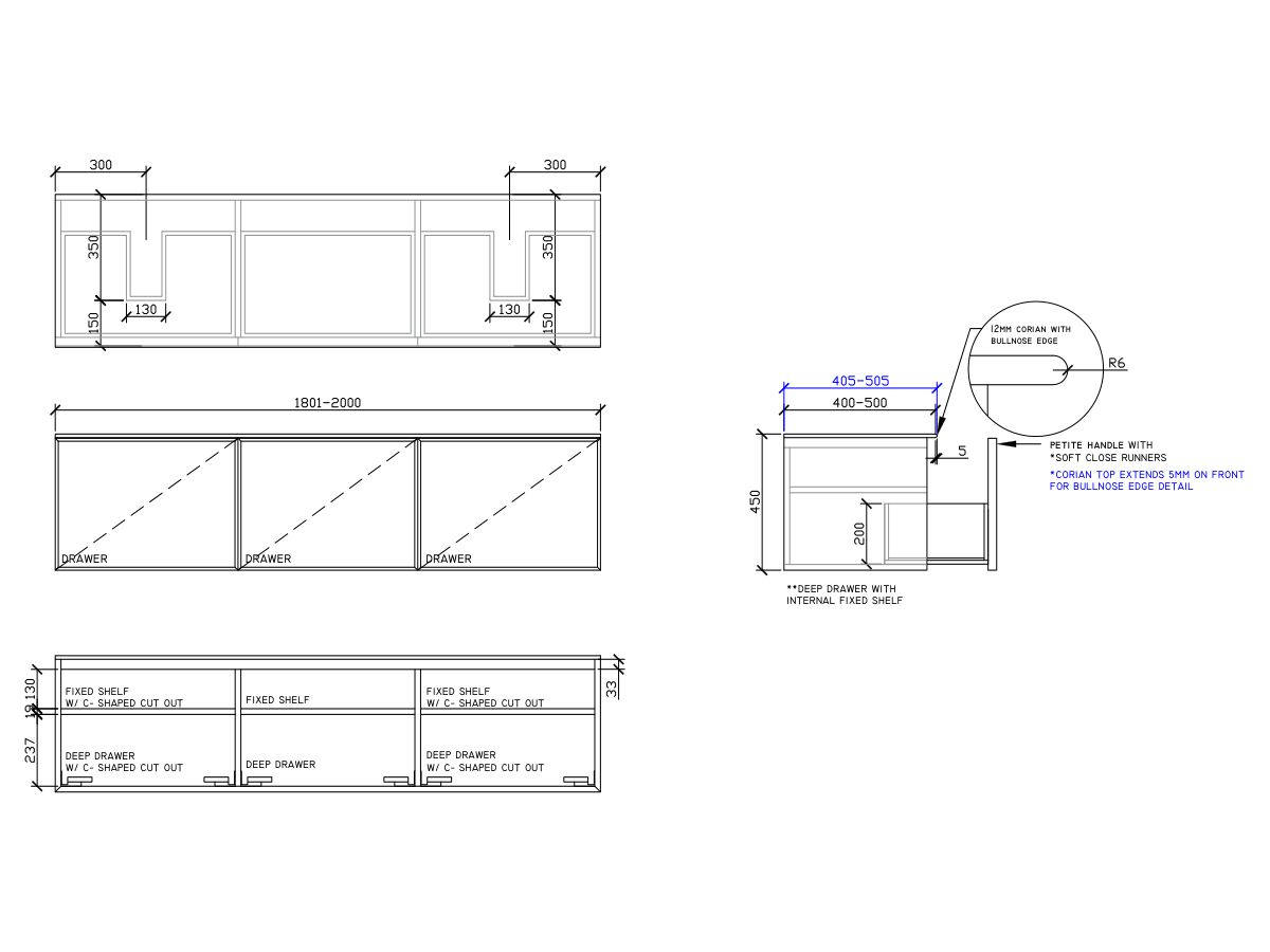 ISSY Adorn Above Counter / Semi Inset Wall Hung Vanity Unit with Three Drawers & Internal Shelves with Petite Handle 1801-2000mm x 400-500mm x 450mm DOUBLE