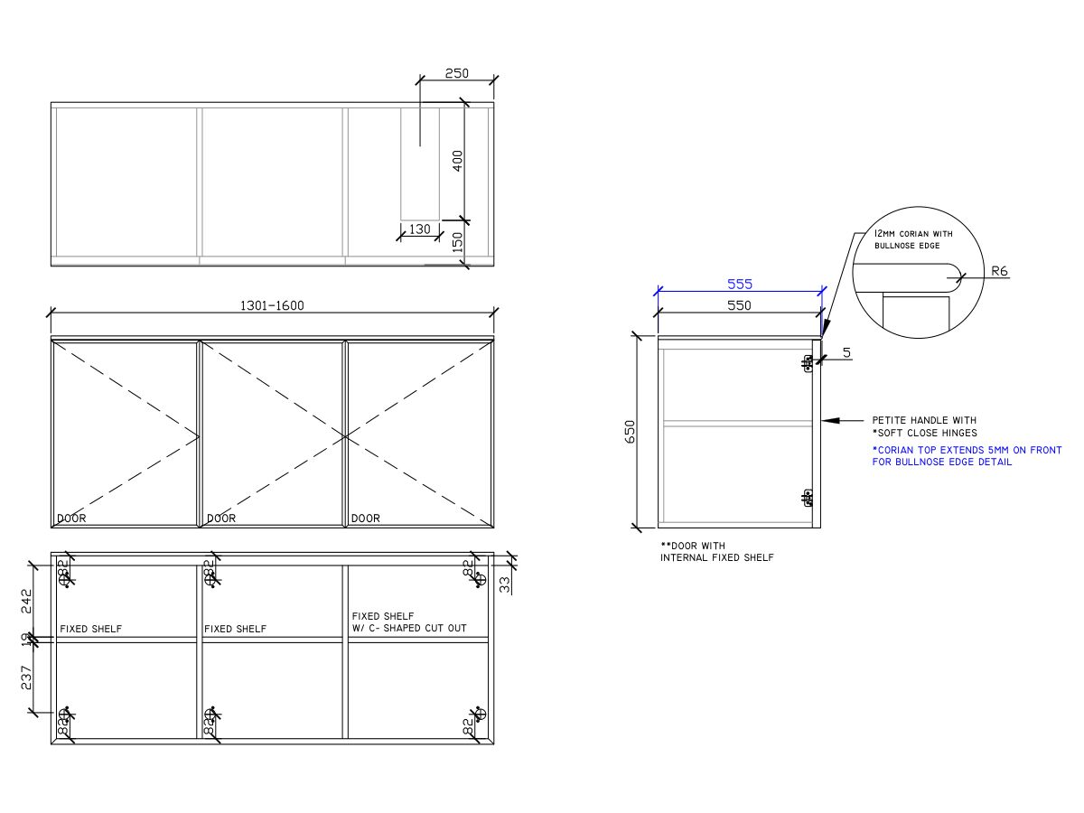 ISSY Adorn Undermount Wall Hung Vanity Unit with Three Doors & Internal Shelf with Petite Handle 1301-1600mm x 550mm x 650mm OFFSET RIGHT (CENTRE LEFT)