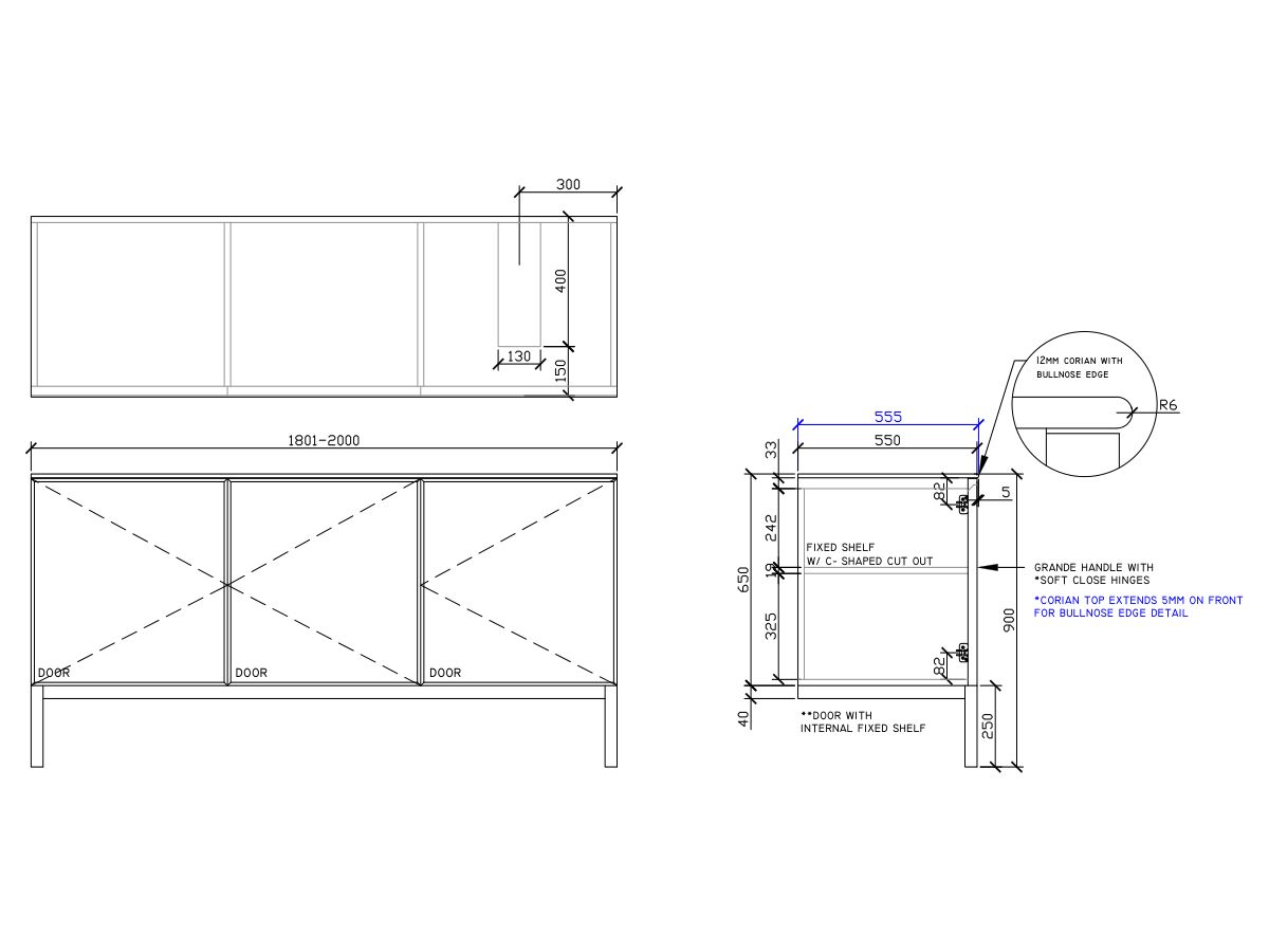 ISSY Adorn Undermount Vanity Unit with Legs Three Doors & Internal Shelves with Grande Handle 1801-2000mm x 550mm x 900mm OFFSET RIGHT (CENTRE RIGHT)