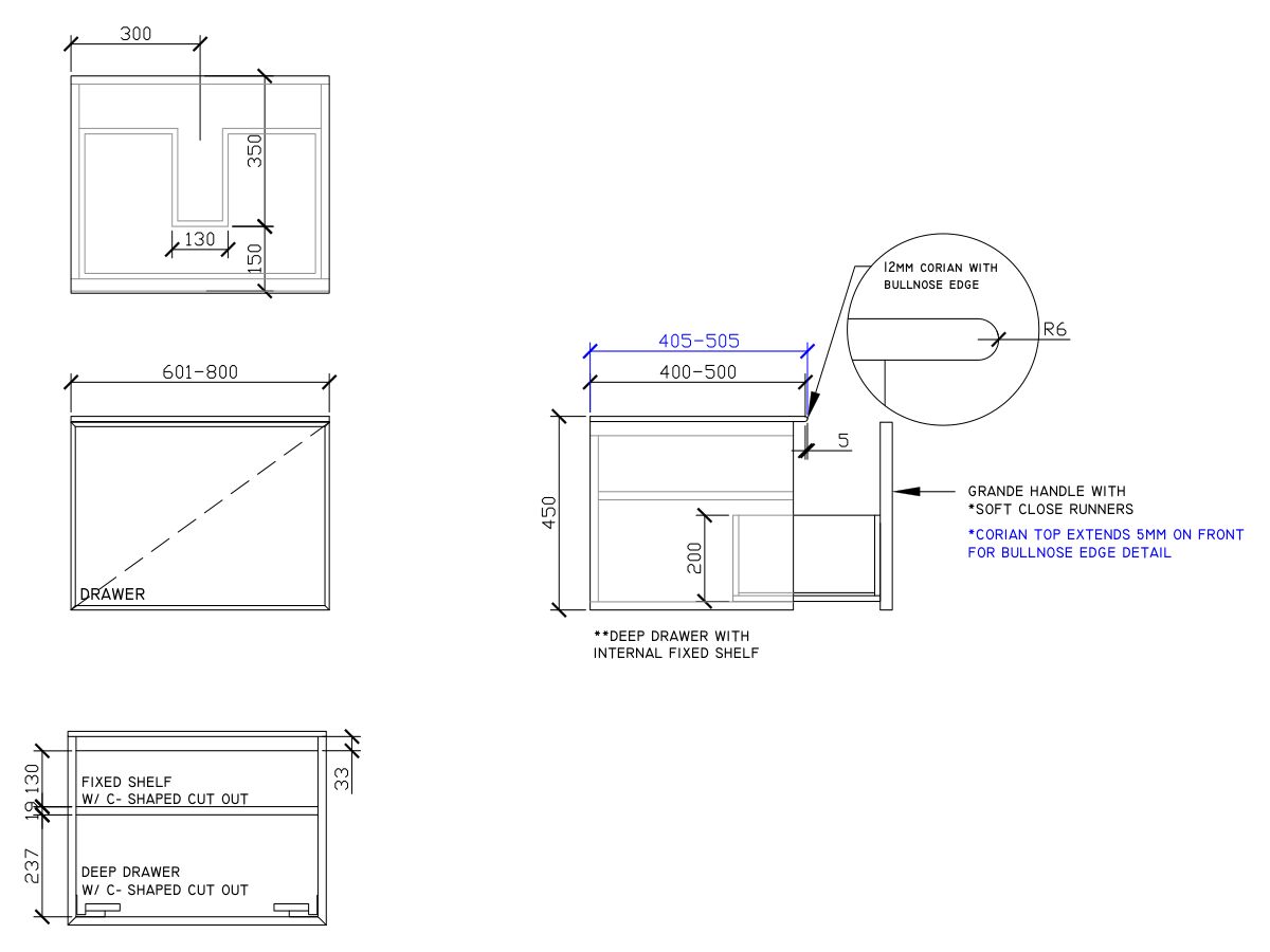 ISSY Adorn Above Counter / Semi Inset Wall Hung Vanity Unit with One Drawer & Internal Shelf with Grande Handle 601-800mm x 400-500mm x 450mm CENTER