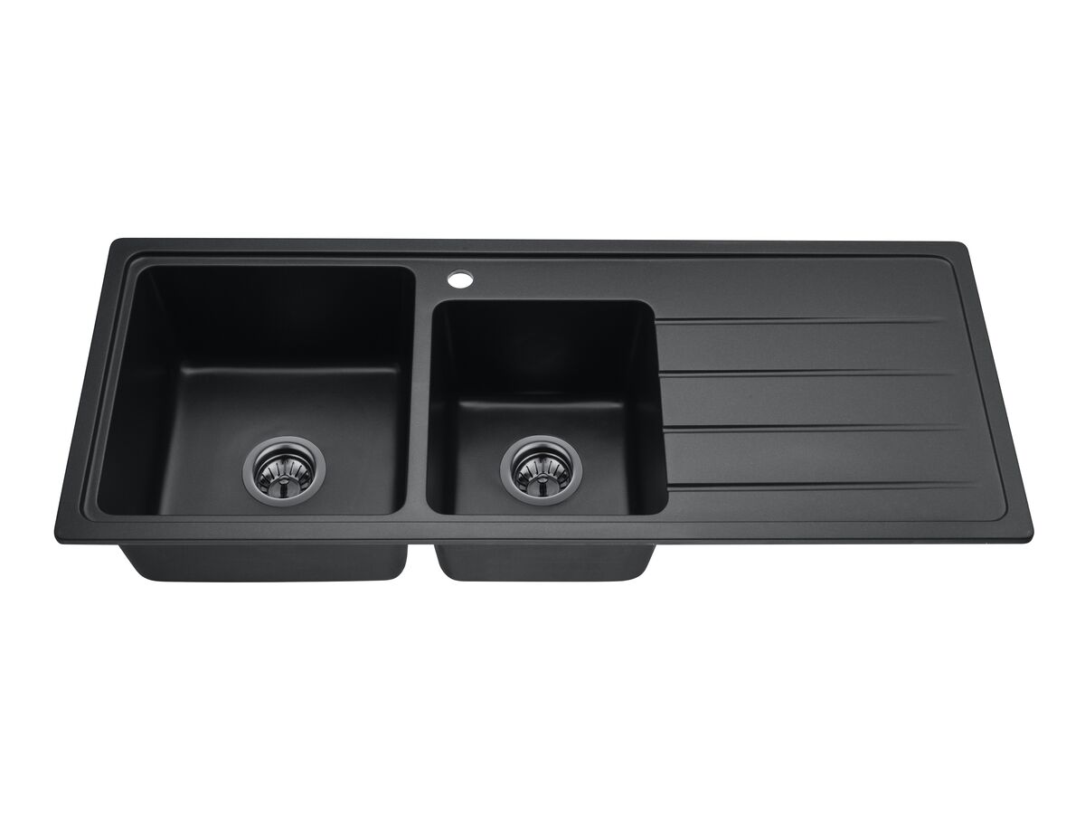 Memo Hugo 1 & 3/4 Bowl Sink 1 Taphole Left Hand Bowl with Drainer Granite Black from Reece