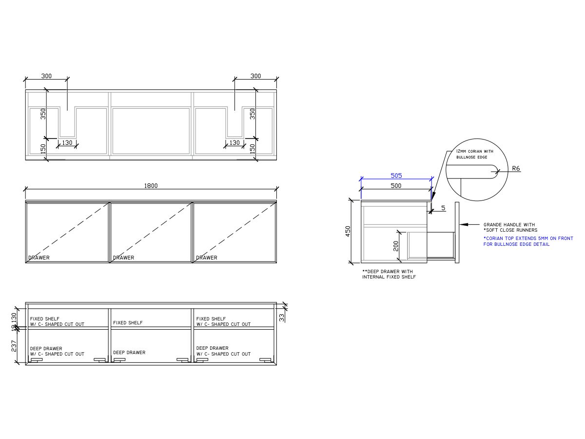 ISSY Adorn Above Counter / Semi Inset Wall Hung Vanity Unit with Three Drawers & Internal Shelves with Grande Handle 1800mm x 500mm x 450mm DOUBLE