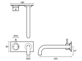 Technical Drawing - Scala 25mm Curved Wall Basin Mixer Tap System Left Hand Mixer Tap 250mm Outlet