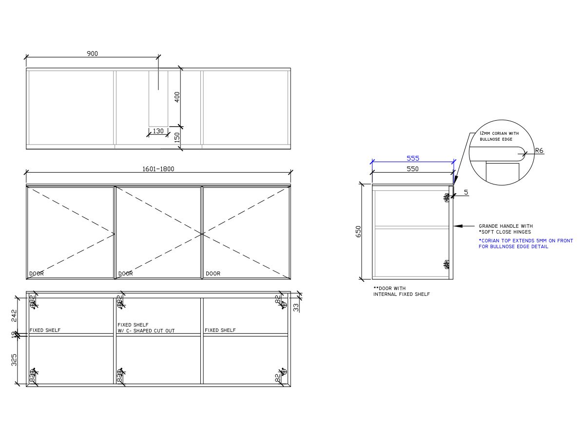 ISSY Adorn Undermount Wall Hung Vanity Unit with Three Doors & Internal Shelf with Grande Handle 1601-1800mm x 550mm x 650mm CENTERED (CENTRE LEFT)