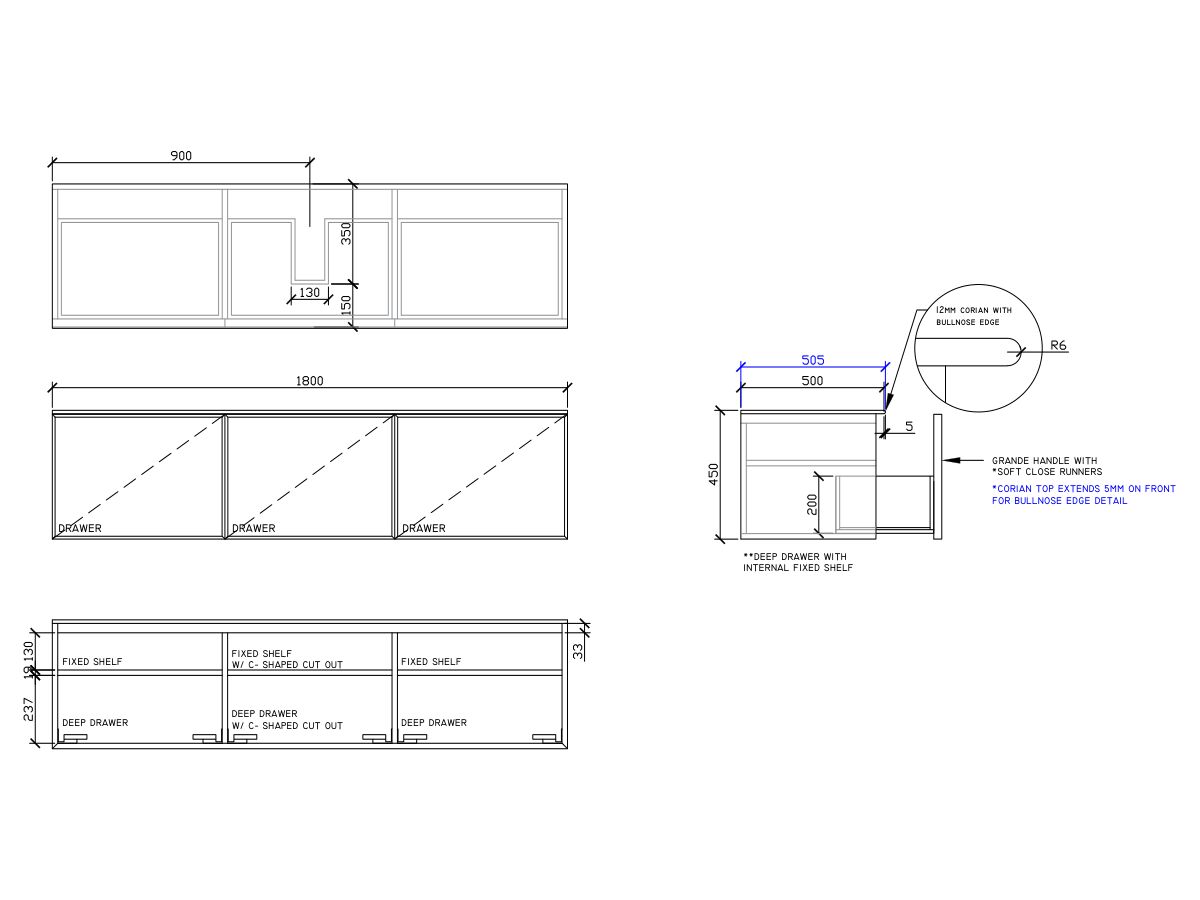 ISSY Adorn Above Counter / Semi Inset Wall Hung Vanity Unit with Three Drawers & Internal Shelves with Grande Handle 1800mm x 500mm x 450mm CENTERED