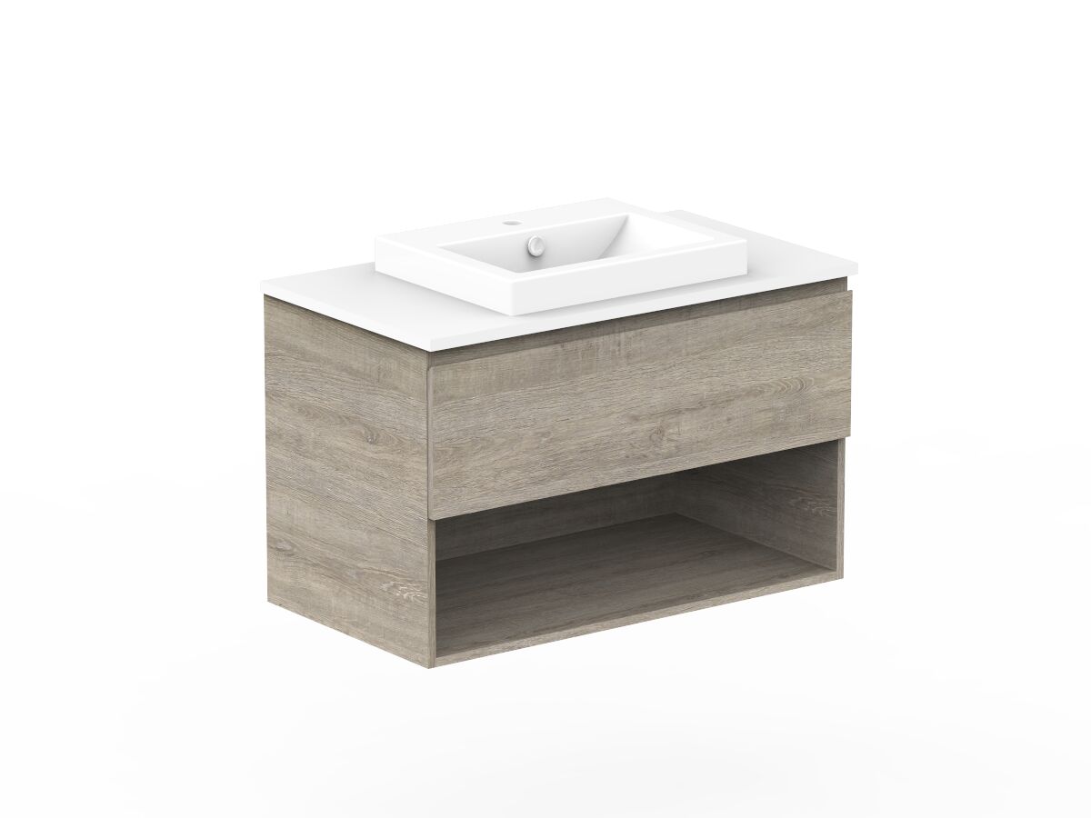 Posh Domaine 900mm Wall Hung Vanity Unit AllDrawer Open Shelf Cherry Pie Top (No Basin) from Reece