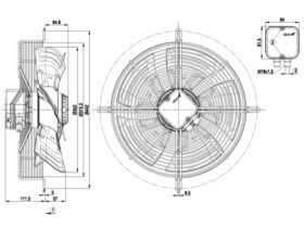 Technical Drawing - EBM AC Axial Fan Hyblade with Grille 350mm 230V 50/60Hz 4 Poles S4E350AN1981