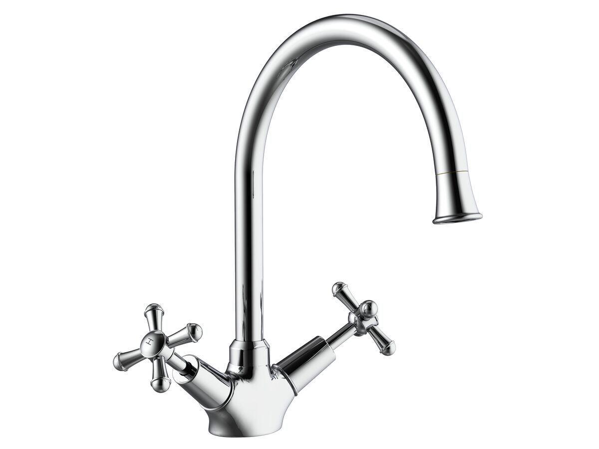 Posh Canterbury Gooseneck Sink Twinner Tap Small Cross Handles Chrome