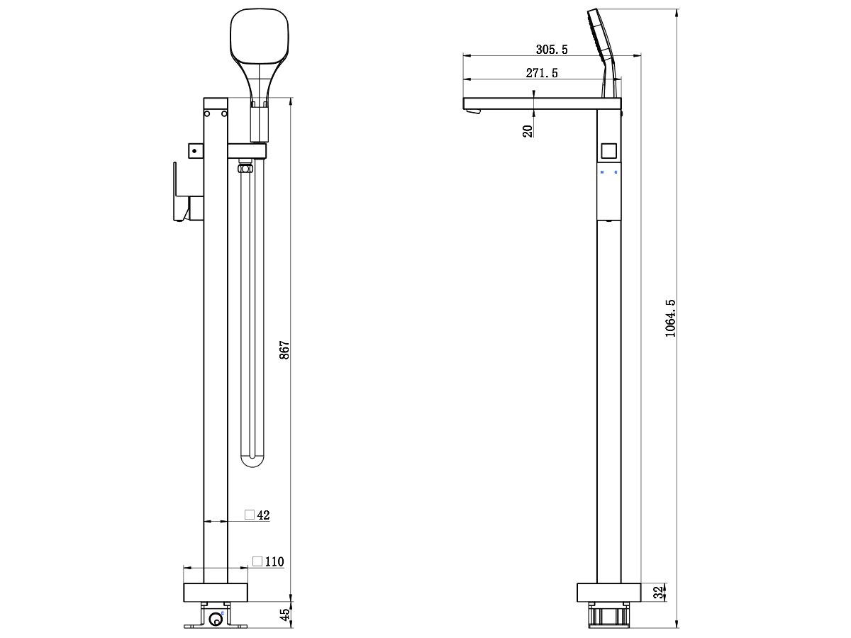 Mizu Bloc Floor Mounted Mixer with Handshower Chrome (3 Star)