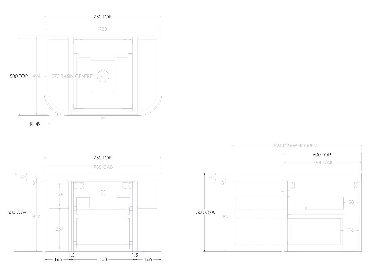 Kado Era 50mm Durasein Statement Top Double Curve All Drawer 750mm Wall Hung Vanity with Center Basin