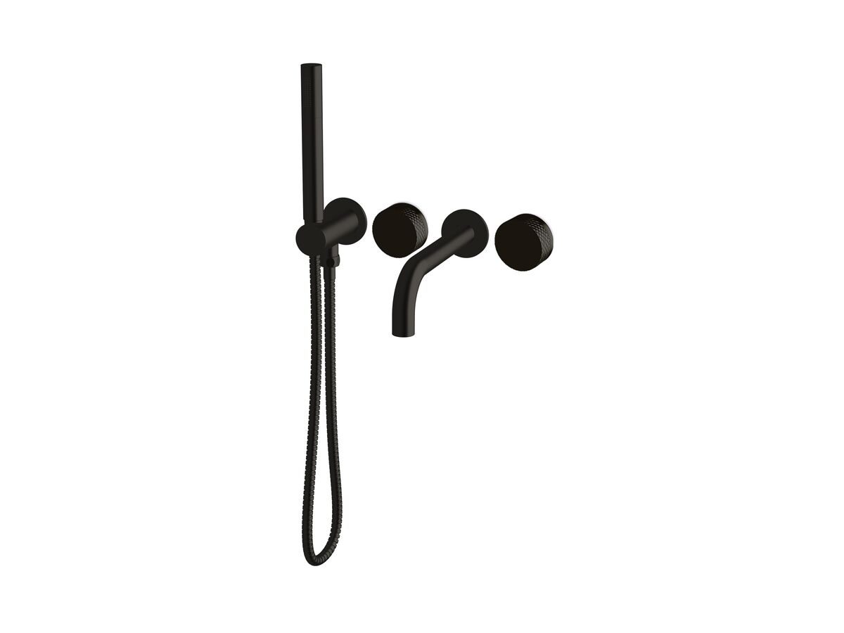 Milli Pure Progressive Bath Mixer Tap System 200mm with Hand Shower Right Hand and Diamond Textured Handles Matte Black (3 star)