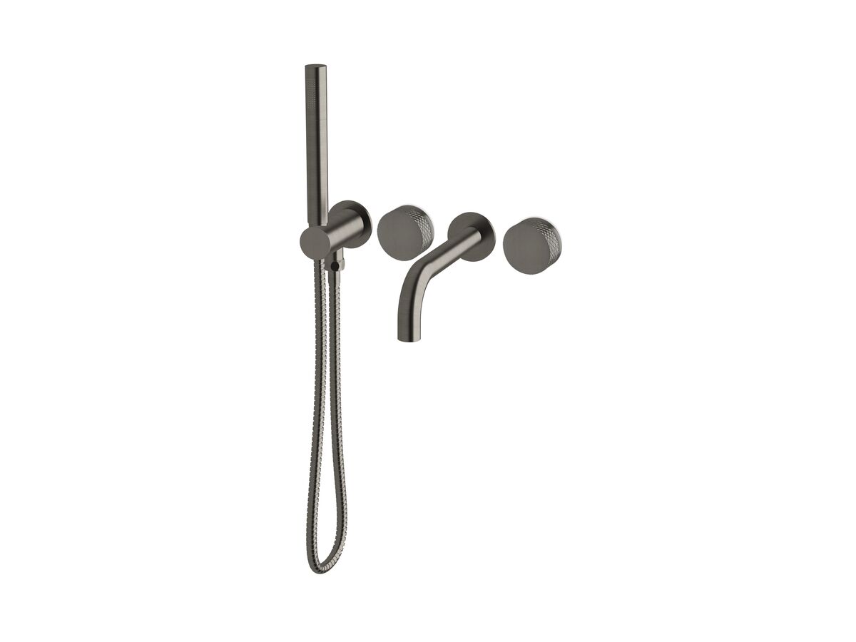 Milli Pure Progressive Bath Mixer Tap System 160mm with Hand Shower Right Hand and Diamond Textured Handles Brushed Gunmetal (3 Star)