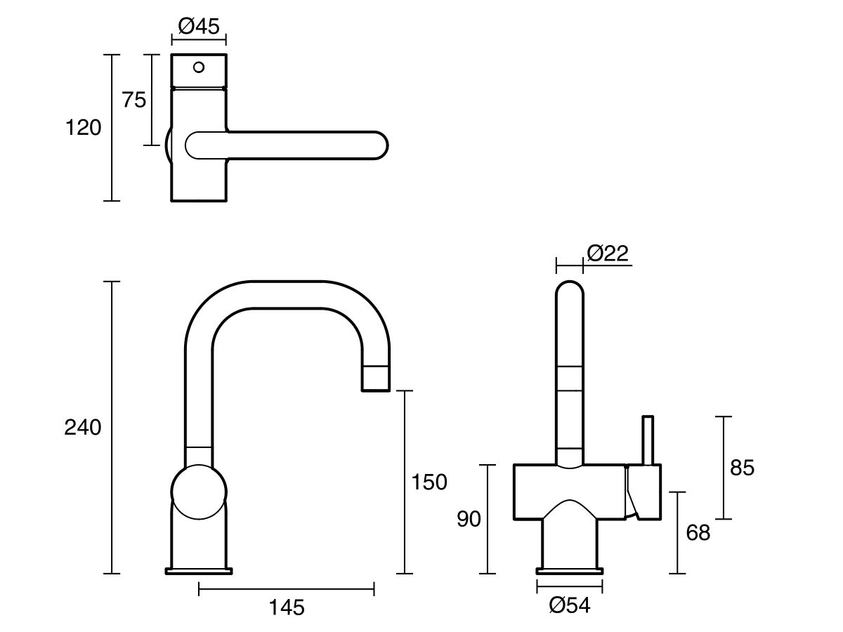 Technical Drawing - Scala Basin-Sink Mixer Tap Small Square Right Hand