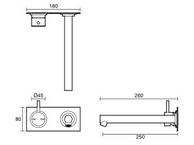 Technical Drawing - Scala Straight Wall Basin Mixer Tap System Left Hand Mixer Tap 250mm Outlet