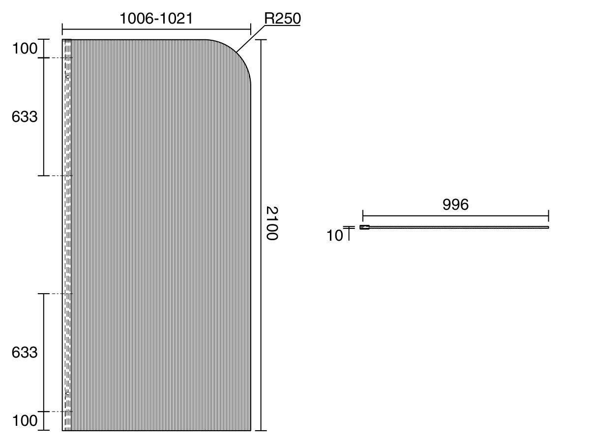 Technical Drawing - Kado Lux Frameless Curved Left Fluted Panel with Wall Channel 1000mm