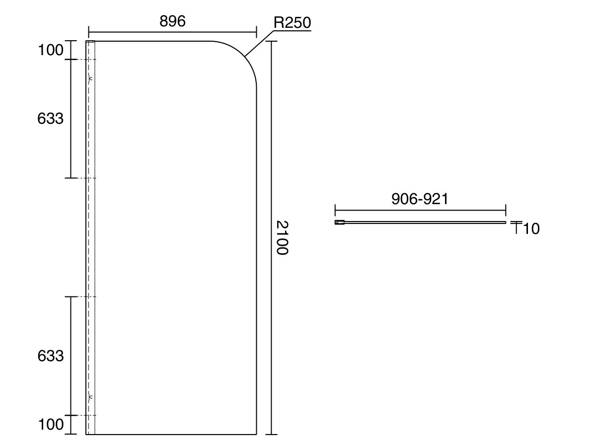 Technical Drawing - Kado Lux Frameless Curved Panel with Wall Channel Clear Glass 900
