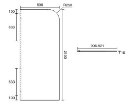 Technical Drawing - Kado Lux Frameless Curved Panel with Wall Channel Clear Glass 900