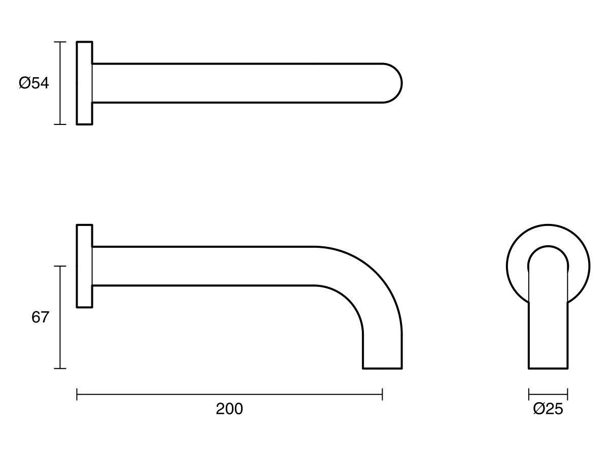 Technical Drawing - Scala 25mm Curved Bath Outlet 200mm 316 Stainless Steel