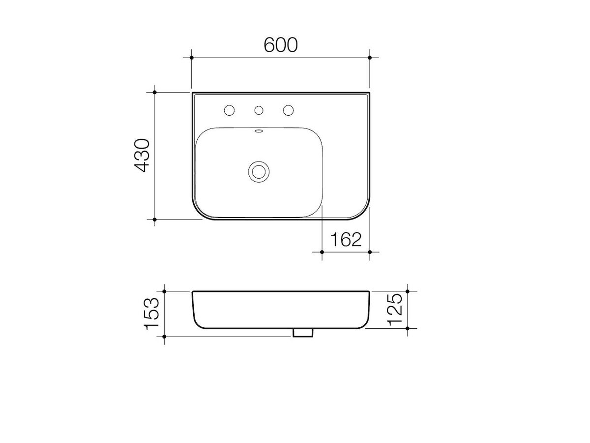 Caroma Tribute Rectangle 600 Right Handed Shelf Wall Basin 1 Taphole Overflow