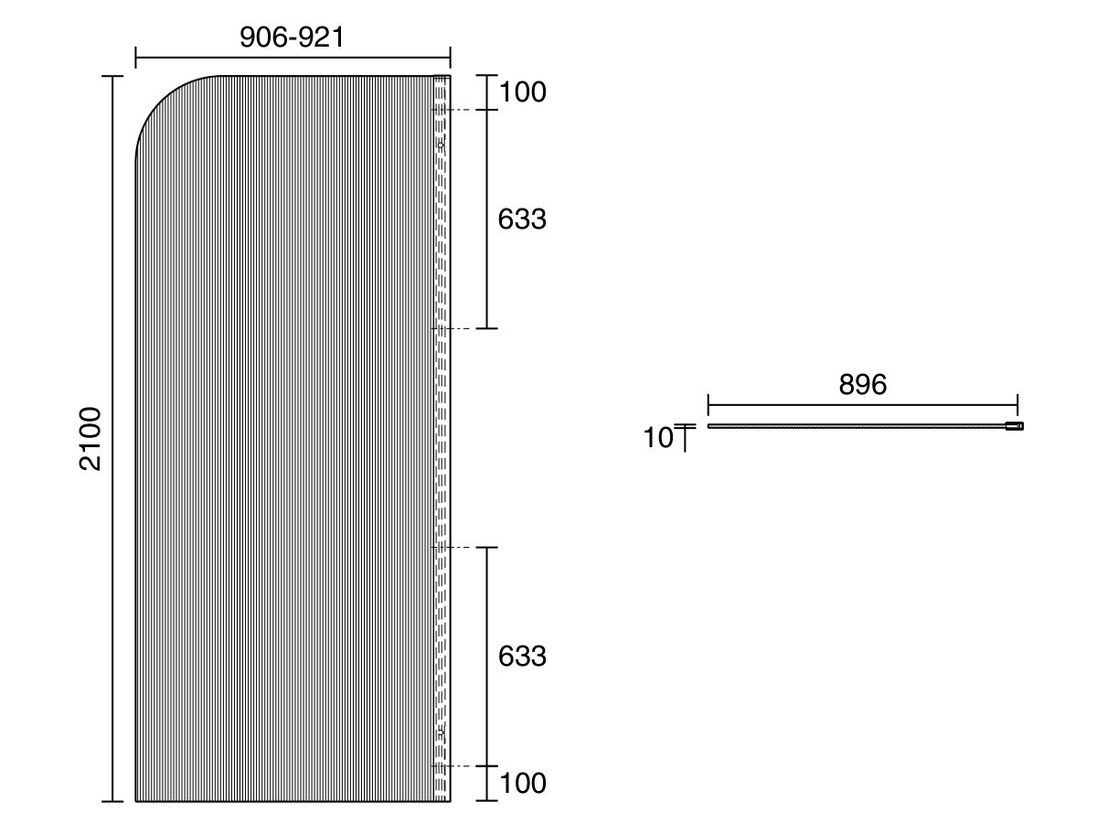 Technical Drawing - Kado Lux Frameless Curved Right Fluted Panel with Wall Channel 900mm