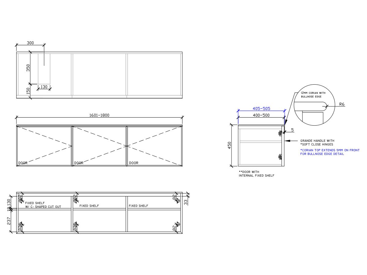 ISSY Adorn Above Counter / Semi Inset Wall Hung Vanity Unit with Three Doors & Internal Shelf with Grande Handle 1601-1800mm x 400-500mm x 450mm OFFSET LEFT (CENTRE LEFT)