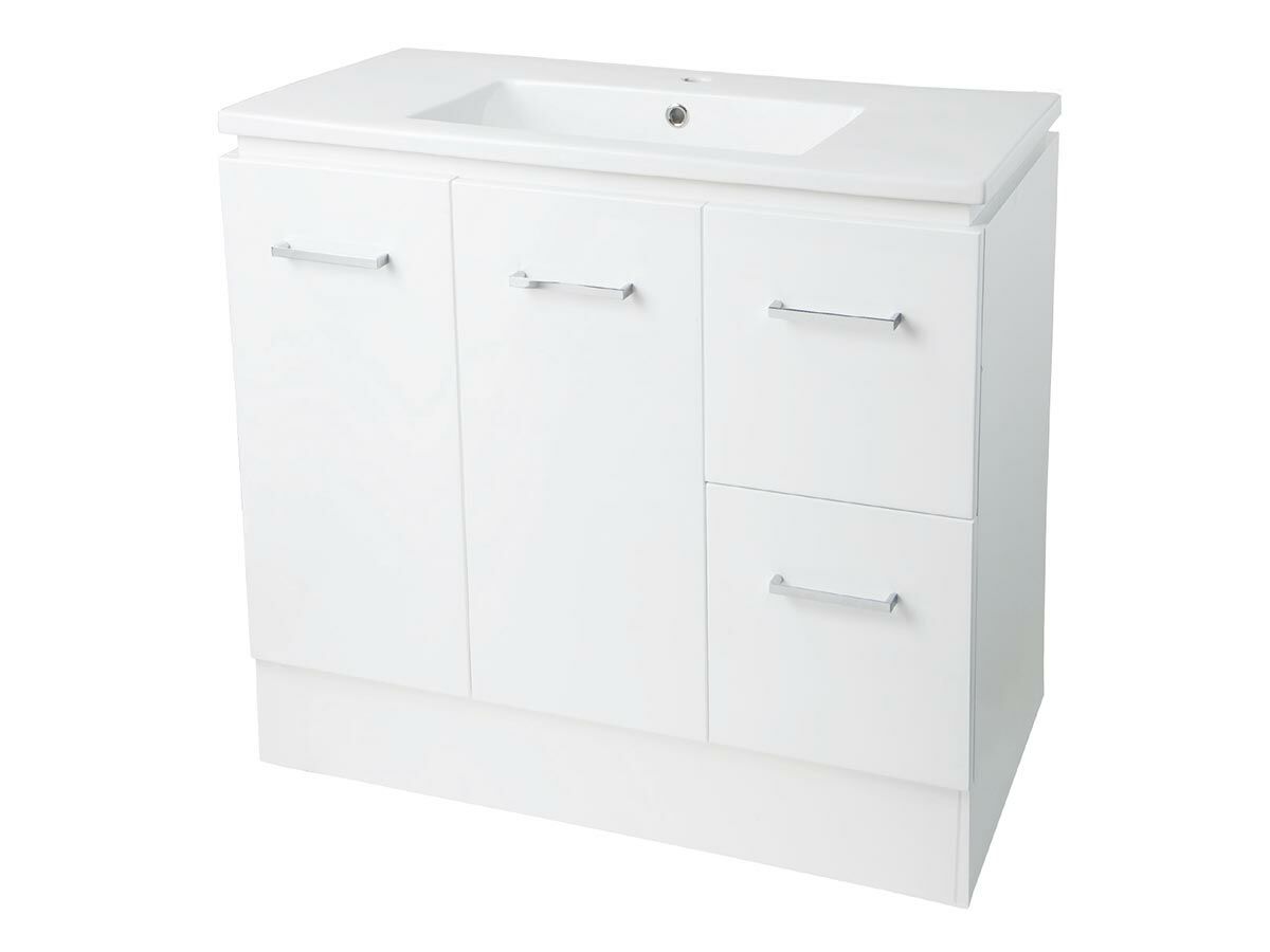 Kochi Floor Mounted with kickboard Vanity Unit with Thin Vitreous China Top Right Hand Drawers 900mm