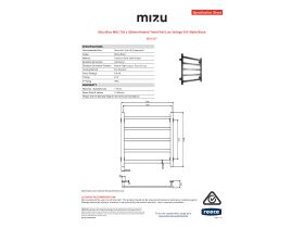Specification Sheet - Mizu Bloc MK2 750 x 800mm Heated Towel Rail Low Voltage 24V Matte Black