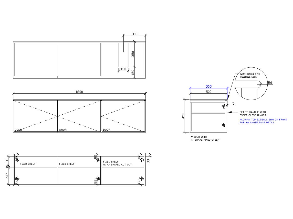 ISSY Adorn Above Counter / Semi Inset Wall Hung Vanity Unit with Three Doors & Internal Shelves with Petite Handle 1800mm x 500mm x 450mm OFFSET RIGHT (CENTRE RIGHT)