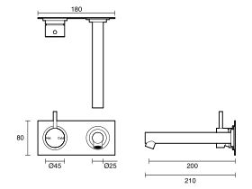 Technical Drawing - Scala Bath Mixer Tap Outlet System Straight 200mm Left Hand Operation