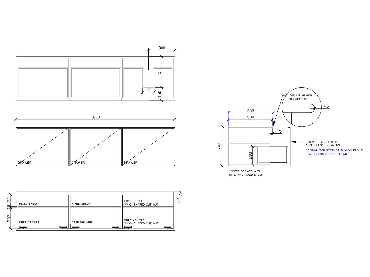 ISSY Adorn Above Counter / Semi Inset Wall Hung Vanity Unit with Three Drawers & Internal Shelves with Grande Handle 1800mm x 500mm x 450mm OFFSET RIGHT