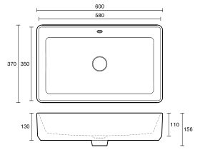 Technical Drawing - Roca The Gap Square Above Counter Basin 600mm x 370mm With Overflow White