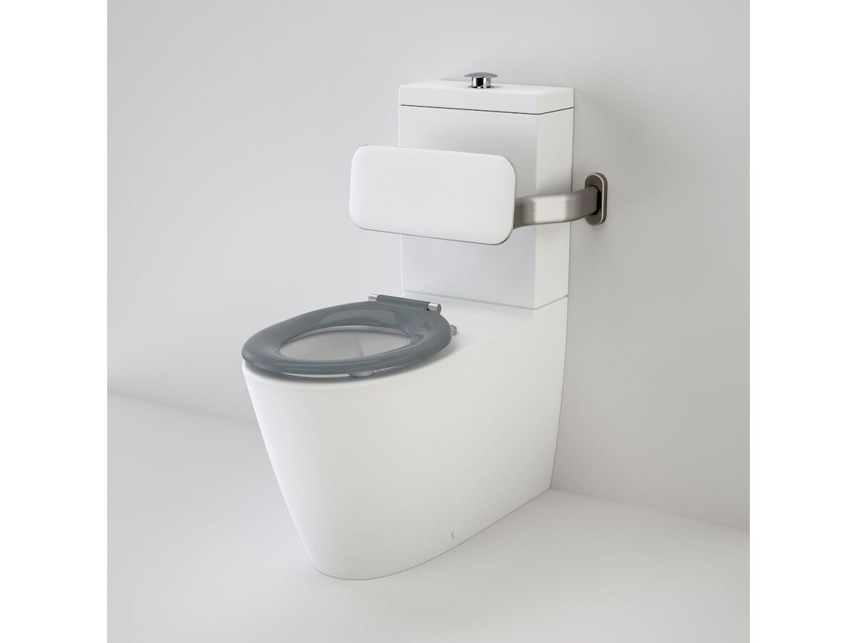 Caroma Care 800 Cleanflush Wall Faced Close Coupled Back Entry Toilet Suite, Universal Trap & Backrest with Pedigree II Single Flap Anthracite Grey Seat (4 Star)