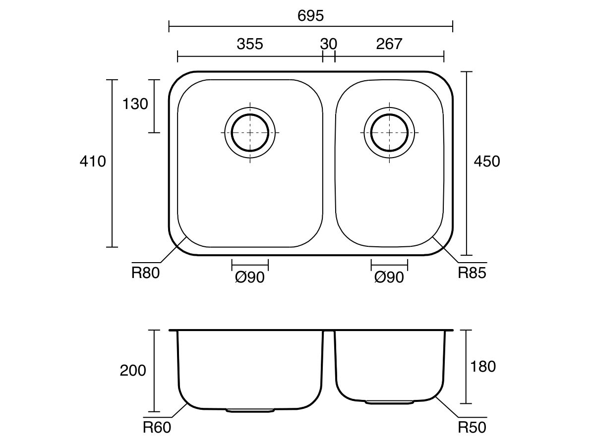 Technical Drawing - Posh Solus MK3 1 3/4 Undermount Sink Stainless Steel