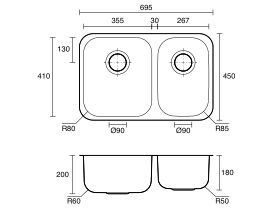 Technical Drawing - Posh Solus MK3 1 3/4 Undermount Sink Stainless Steel