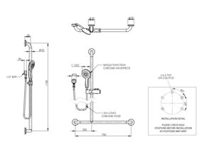 Enware Hand Held Shower & Smooth Hose with Left Hand Inverted T Stainless Steel Grab Rail Chrome (3 Star)