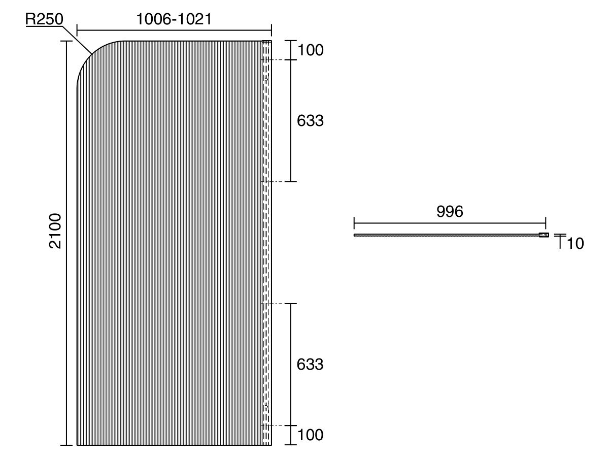 Technical Drawing - Kado Lux Frameless Curved Right Fluted Panel with Wall Channel 1000mm