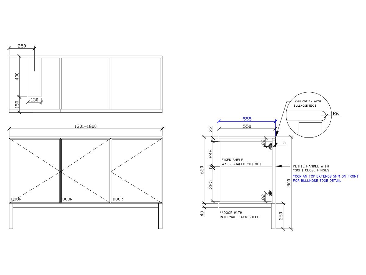 ISSY Adorn Undermount Vanity Unit with Legs Three Doors & Internal Shelves with Petite Handle 1301-1600mm x 550mm x 900mm OFFSET LEFT (CENTRE RIGHT)