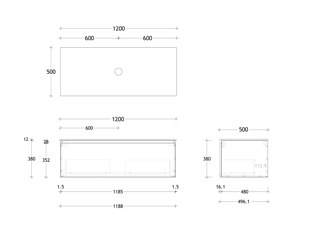 Posh Domaine and Domaine Plus 1200mm Wall Hung Vanity Unit All-Drawer Single Bowl Durasein Top (No Basin)